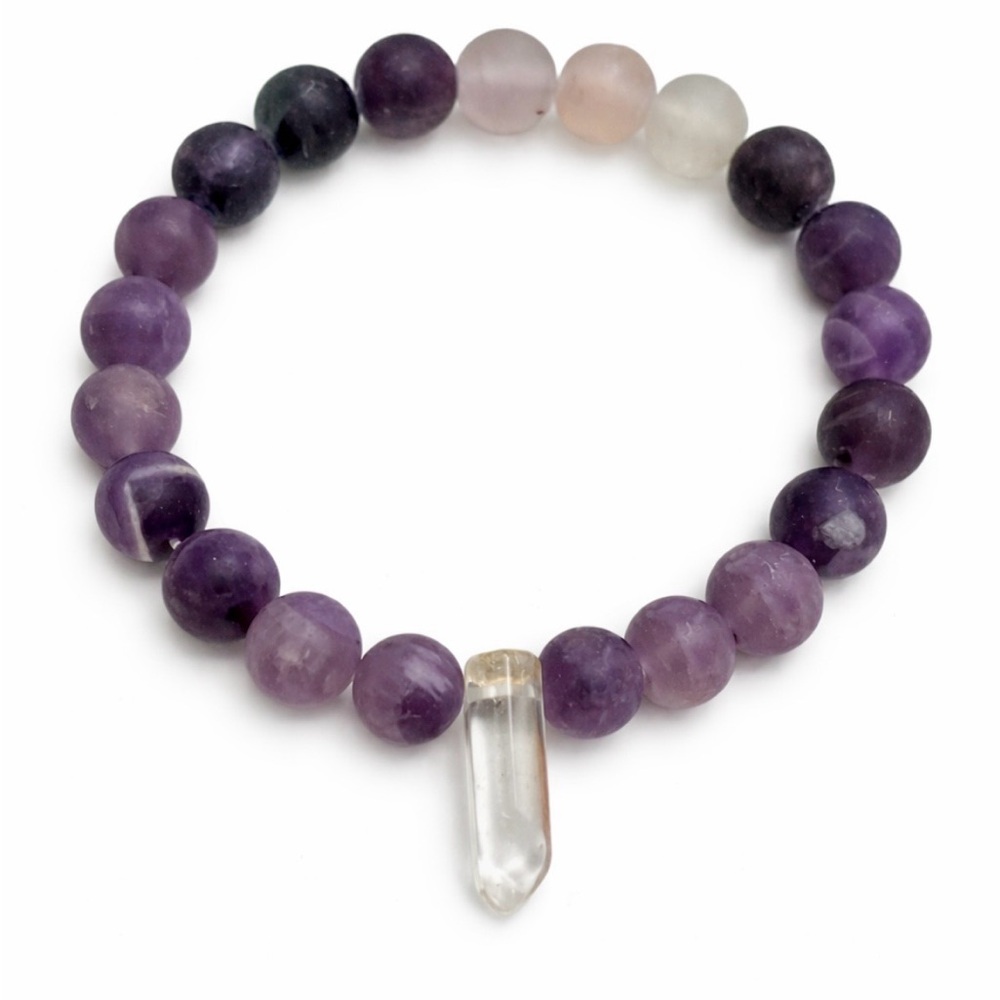 Amethyst & Rose Quartz Beaded Bracelet w/ Quartz Point Charm Frosted Stretch - Picture 4 of 4